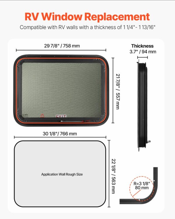 VEVOR Exit RV Window 30" W x 22" H Emergency Push Out Window W/ Screen & Ring - Image 2